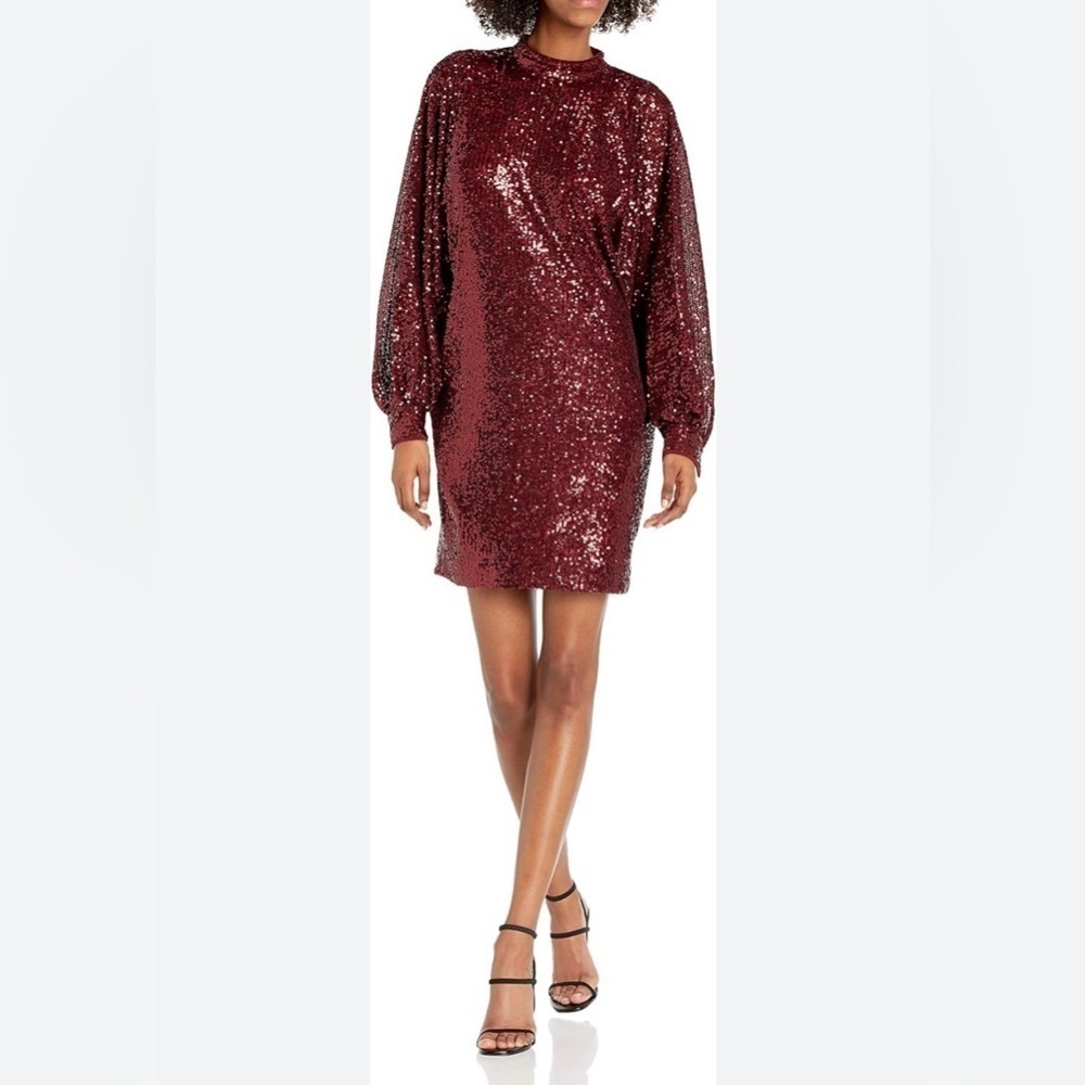 Trina Turk Enjoyment Sequin Dress Burgundy Long Sleeve Shift M Cocktail Holiday